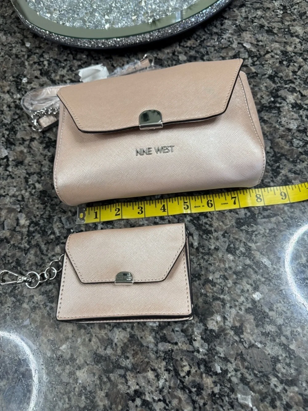 Nine West Rose Blush metallic Crossbody Bag with Matching Card Case NEW